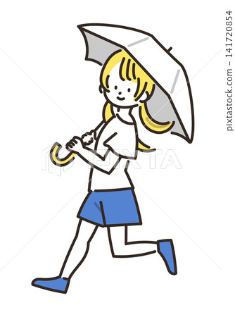 一幅女孩撐著傘走路的插圖。 一幅女孩撐著傘走路的插圖。 141720854