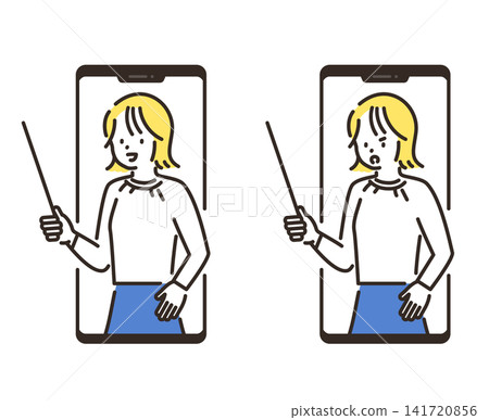 一張智慧型手機應用程式的插圖，圖中一位女士正在進行講解。 141720856