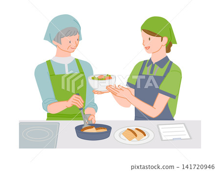 一幅插圖描繪了醫務人員在為一位老年婦女做飯時提供營養指導的場景。 141720946