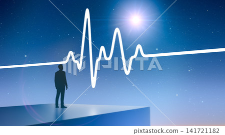 Professional businessman silhouette standing on solid block looking toward giant glowing medical heartbeat pulse line projected against dark blue starry night sky Professional businessman silhouette standing on solid block looking toward giant glowing medical heartbeat pulse line projected against dark blue starry night sky 141721182
