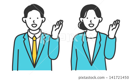 一幅插圖，描繪了一對身著西裝的年輕男女，他們舉起雙手，禮貌地引導客人。 141721450