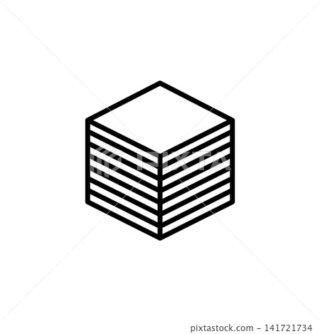 Minimalist line icon of a 3D cube constructed with visible horizontal layers illustrating additive manufacturing technology. 141721734