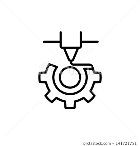 Minimalist line icon of a nozzle 3D printing a mechanical gear component for custom industrial parts. Minimalist line icon of a nozzle 3D printing a mechanical gear component for custom industrial parts. 141721751