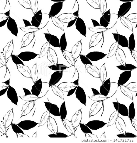 Hand-drawn seamless pattern featuring elegant black and white leaves and branches. Minimalist monochromatic herbarium design perfectly suited for continuous tiling on textiles, wallpaper, wrapping 141721752