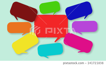 Colorful speech bubbles arranged in circle around central red bubble on light green background Colorful speech bubbles arranged in circle around central red bubble on light green background 141721838