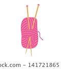 Pink yarn ball and wooden knitting needles vector illustration. Bright skein of wool yarn with inserted bamboo knitting pins isolated on white background in minimalist flat style 141721865