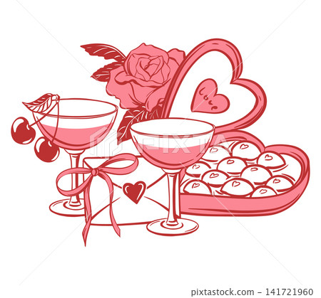 Valentine's Day gifts for your loved one. Vector clip art. A romantic evening with champagne. Chocolates, glasses of wine , a love letter, and a coquette style rose. Ink sketch. Birthday presents. Valentine's Day gifts for your loved one. Vector clip art. A romantic evening with champagne. Chocolates, glasses of wine , a love letter, and a coquette style rose. Ink sketch. Birthday presents. 141721960