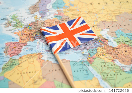 Bangkok, Thailand July 13, 2025 UK United Kingdom flag on world map. Bangkok, Thailand July 13, 2025 UK United Kingdom flag on world map. 141722626