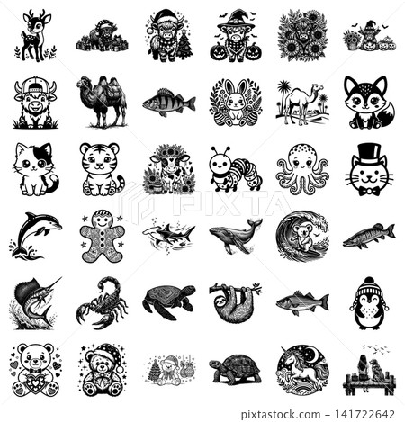 Assorted collection of cute woodland and marine animals in artistic monochrome ink drawing design style Assorted collection of cute woodland and marine animals in artistic monochrome ink drawing design style 141722642
