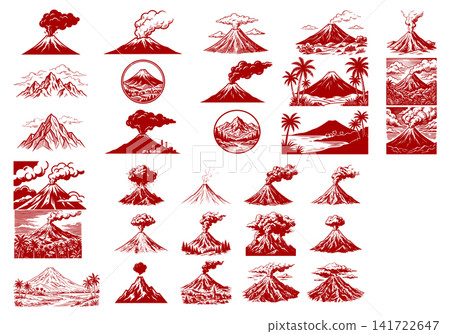 Collection of hand drawn volcano illustrations with smoke and lava in detailed retro engraving style Collection of hand drawn volcano illustrations with smoke and lava in detailed retro engraving style 141722647