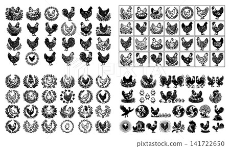 Collection of rooster and chicken illustrations arranged in decorative wreaths and various farm themed circular compositions Collection of rooster and chicken illustrations arranged in decorative wreaths and various farm themed circular compositions 141722650