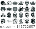 Fierce viking warrior helmet with massive horns in detailed engraving style for historical and gaming logos 141722657