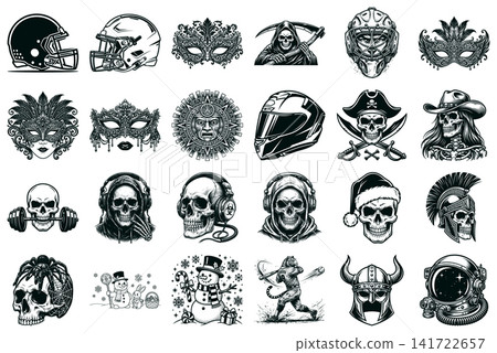 Fierce viking warrior helmet with massive horns in detailed engraving style for historical and gaming logos Fierce viking warrior helmet with massive horns in detailed engraving style for historical and gaming logos 141722657