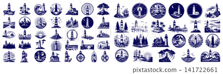 Nautical lighthouse vector icons set showcasing various coastal scenes marine landscapes and maritime adventure design elements Nautical lighthouse vector icons set showcasing various coastal scenes marine landscapes and maritime adventure design elements 141722661