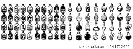 Set of assorted glass bottle vector illustrations featuring miniature landscapes and various mystical liquid potion containers Set of assorted glass bottle vector illustrations featuring miniature landscapes and various mystical liquid potion containers 141722663