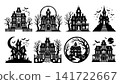 Set of eight haunted mansion silhouettes with spooky trees and bats for gothic holiday design 141722667