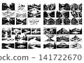 Set of hand drawn landscape illustrations featuring mountains forests rivers and waterfalls in vintage style 141722670