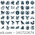 Various wild and mythical creatures depicted in a classic detailed black and white etching style 141722674