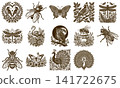 Vintage etched illustration of a majestic owl perched on a branch under a full moon 141722675