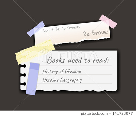 Paper notes stickers. Place for memo messages on paper sheets. Attached with sticky colorful tape on grey background isolated vector illustration Paper notes stickers. Place for memo messages on paper sheets. Attached with sticky colorful tape on grey background isolated vector illustration 141723077