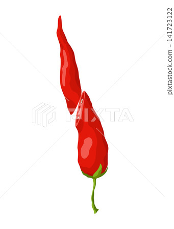Long red chili pepper with green stem on white background Long red chili pepper with green stem on white background 141723122