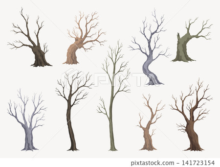Old dead tree set. Hand draw leafless trunks. Winter or autumn season plants icons, dry naked branch silhouette. Nature ecology problems concept. Isolated vector illustration Old dead tree set. Hand draw leafless trunks. Winter or autumn season plants icons, dry naked branch silhouette. Nature ecology problems concept. Isolated vector illustration 141723154