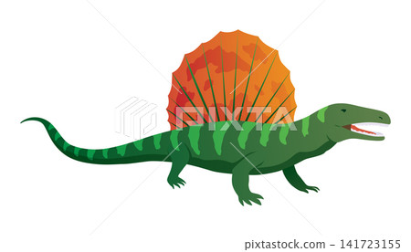 Stylized prehistoric sailback reptile in profile, walking across plain white background with flat shapes, textured brushwork, bold stripes, visible tail, ribs, teeth, and claws Stylized prehistoric sailback reptile in profile, walking across plain white background with flat shapes, textured brushwork, bold stripes, visible tail, ribs, teeth, and claws 141723155