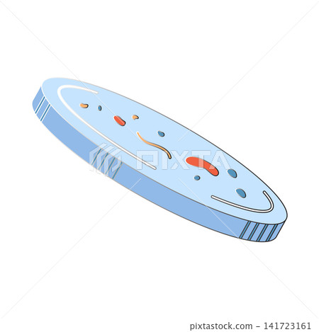 Isometric petri dish with colorful bacterial colonies, circular growth forms, tiny scientific symbols, tilted presentation, clean outline styling, soft shadows, and pale background 141723161