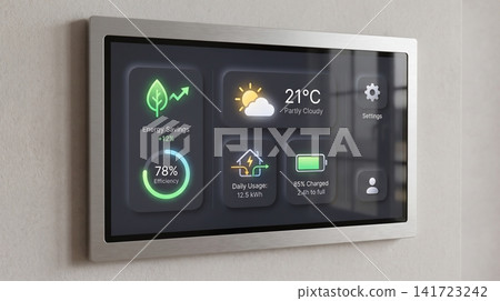 Smart home energy management wall display showing efficiency metrics and battery status with minimalist interface with statistics weather information 141723242