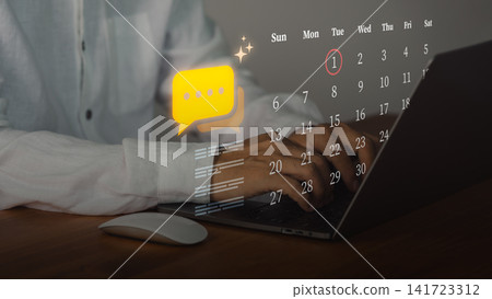 Business man working on laptop using internet for online communication and technology. Virtual calendar schedule and Ai chat for planning digital marketing strategy and networking. Business man working on laptop using internet for online communication and technology. Virtual calendar schedule and Ai chat for planning digital marketing strategy and networking. 141723312