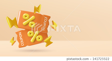 Flash Sale 3D Coupons with Percentage and Lightning icons on Orange Background 141723322