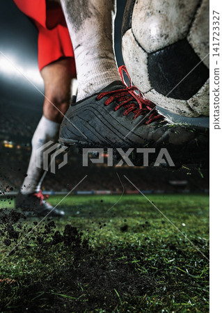 Football boot lifting worn soccer ball through flying mud during powerful stadium kick Football boot lifting worn soccer ball through flying mud during powerful stadium kick 141723327