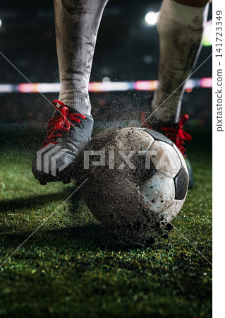 Athlete pinning dirty soccer ball under red-laced cleat on textured stadium grass Athlete pinning dirty soccer ball under red-laced cleat on textured stadium grass 141723349