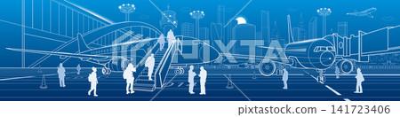 Modern international airport panorama with passenger airplanes, boarding stairs, travelers, terminal bridge, futuristic skyline and air traffic. Blue line vector illustration. Modern international airport panorama with passenger airplanes, boarding stairs, travelers, terminal bridge, futuristic skyline and air traffic. Blue line vector illustration. 141723406