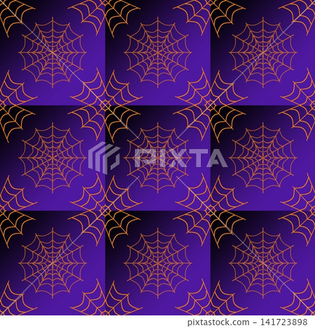 Halloween spiderweb seamless pattern background, repeating orange cobweb design on purple dark background, spooky texture for wrapping paper or textile printing. Halloween spiderweb seamless pattern background, repeating orange cobweb design on purple dark background, spooky texture for wrapping paper or textile printing. 141723898