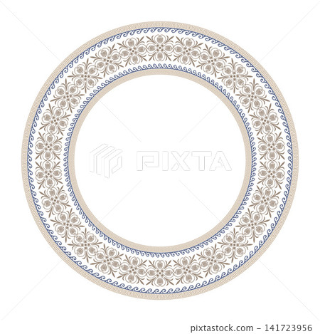 Circular ornamental frame pattern. Greek key pattern. Oriental round frame with damask pattern. Vector illustration. Circular ornamental frame pattern. Greek key pattern. Oriental round frame with damask pattern. Vector illustration. 141723956