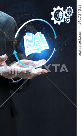 A businessman holding a glowing digital book icon with surrounding technical gear symbols, symbolizing education technology and digital learning. E-learning technology and online education concept A businessman holding a glowing digital book icon with surrounding technical gear symbols, symbolizing education technology and digital learning. E-learning technology and online education concept 141724012