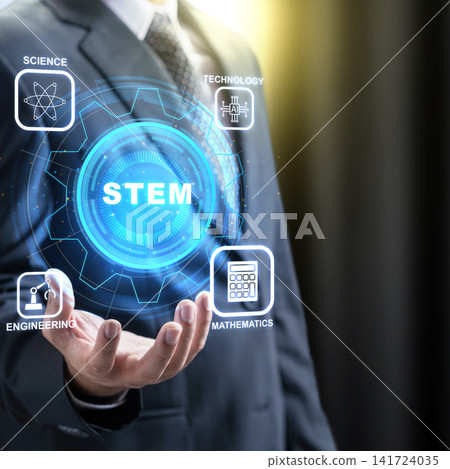 A businessman in a suit presents a glowing digital STEM concept icon, highlighting science, technology, engineering, and mathematics education and innovation. STEM education concept 141724035