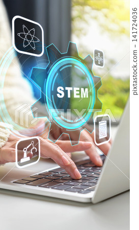Female hand typing on a laptop with a digital holographic overlay featuring STEM icons, representing science, technology, engineering, and mathematics education and innovation. STEM education concept Female hand typing on a laptop with a digital holographic overlay featuring STEM icons, representing science, technology, engineering, and mathematics education and innovation. STEM education concept 141724036