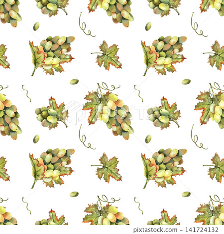 White grapes watercolor seamless pattern. Hand drawn repeatable grapevine, fresh berries, green leaves isolated on white background for kitchen textile and wallpapers, tablecloth, winery branding White grapes watercolor seamless pattern. Hand drawn repeatable grapevine, fresh berries, green leaves isolated on white background for kitchen textile and wallpapers, tablecloth, winery branding 141724132
