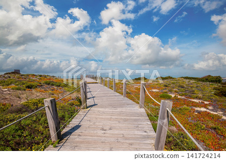 The wooden stairway at the rocky seashore on a sunny day. Polvoeira the beach. Pataias, Portugal, Europe 141724214