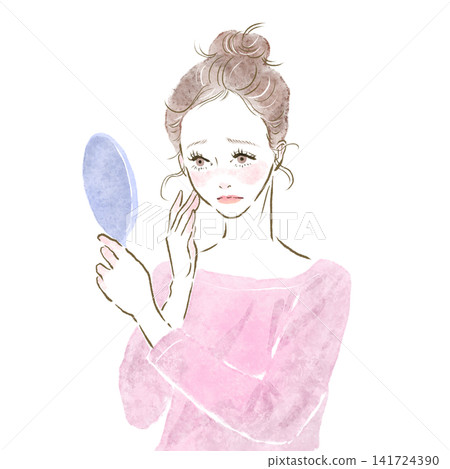 一位女士對著手鏡照鏡子後出現皮膚症狀:美容與健康 一位女士對著手鏡照鏡子後出現皮膚症狀:美容與健康 141724390
