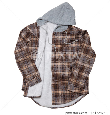 Unbuttoned brown plaid hooded flannel shirt showing white fleece lining isolated on white background. Casual warm check shacket jacket flat lay Unbuttoned brown plaid hooded flannel shirt showing white fleece lining isolated on white background. Casual warm check shacket jacket flat lay 141724732