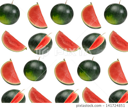 Whole green watermelon and a slice with juicy red flesh on a icing background, seamless pattern Whole green watermelon and a slice with juicy red flesh on a icing background, seamless pattern 141724851