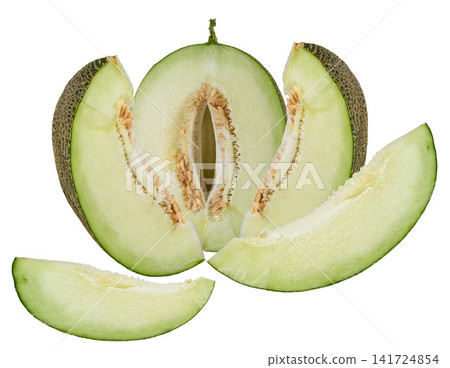 A slice of fresh green melon on an isolated background. A slice of fresh green melon on an isolated background. 141724854