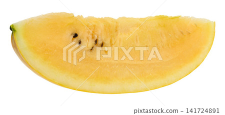 Juicy slice of a bitten yellow watermelon with seeds, isolated background. Juicy slice of a bitten yellow watermelon with seeds, isolated background. 141724891