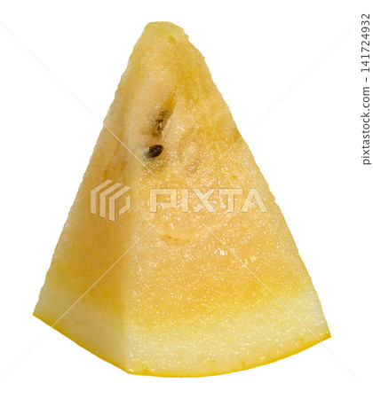 A juicy triangular slice of exotic yellow watermelon with a black stone, isolated background. A juicy triangular slice of exotic yellow watermelon with a black stone, isolated background. 141724932