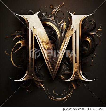 Vintage golden letter M with ornament on black background. 3d illustration Vintage golden letter M with ornament on black background. 3d illustration 141725356