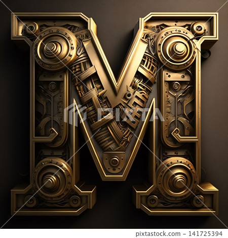Mechanical alphabet. Letter M. 3D illustration. Vintage style. Mechanical alphabet. Letter M. 3D illustration. Vintage style. 141725394