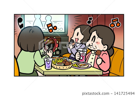 Women enjoying singing and eating and drinking in a karaoke box Women enjoying singing and eating and drinking in a karaoke box 141725494